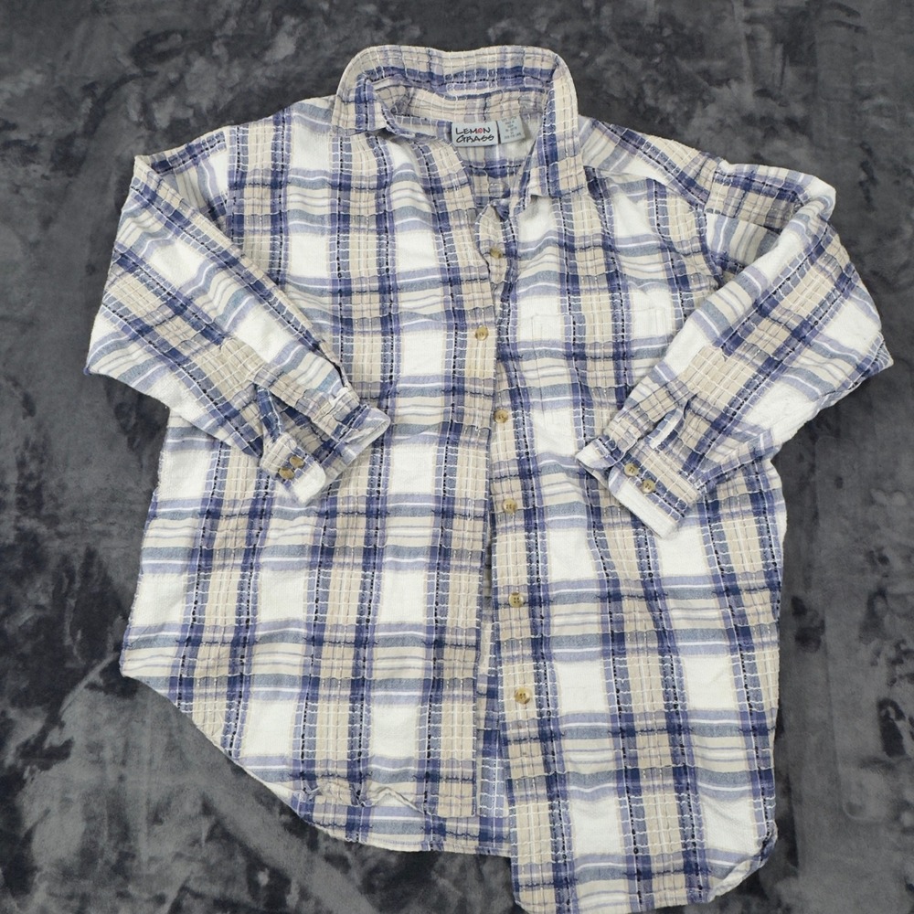 Lemon Grass Button Down Shirt Womens 3X Blue Plaid Textured Cotton Long Sleeve